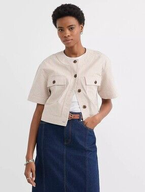 NEW Ann Taylor Loft Brown White Stripe Short Sleeve Jacket S